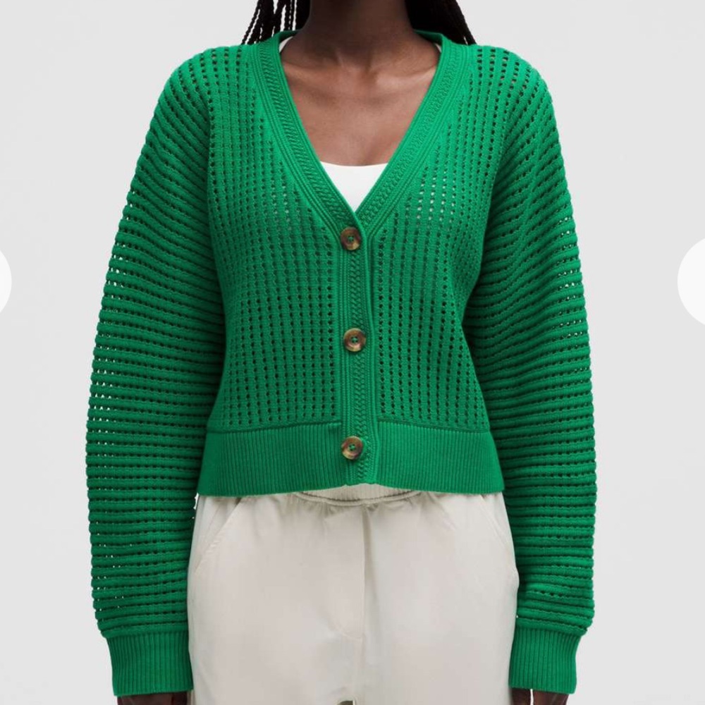 NWT $148 Lululemon Cotton Crochet Mesh Relaxed-Fit Cardigan Raceway Green